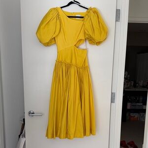 Aje Yellow Cutout Linen-Blend Midi Dress with Puff Sleeves